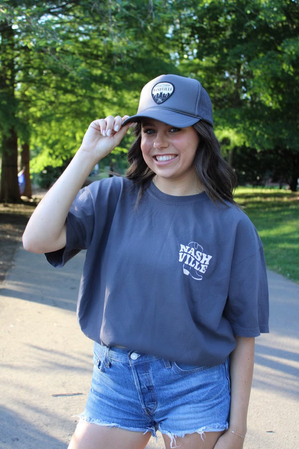 Boot Collage Charcoal Grey Comfort Color Tee - Nashville Collection