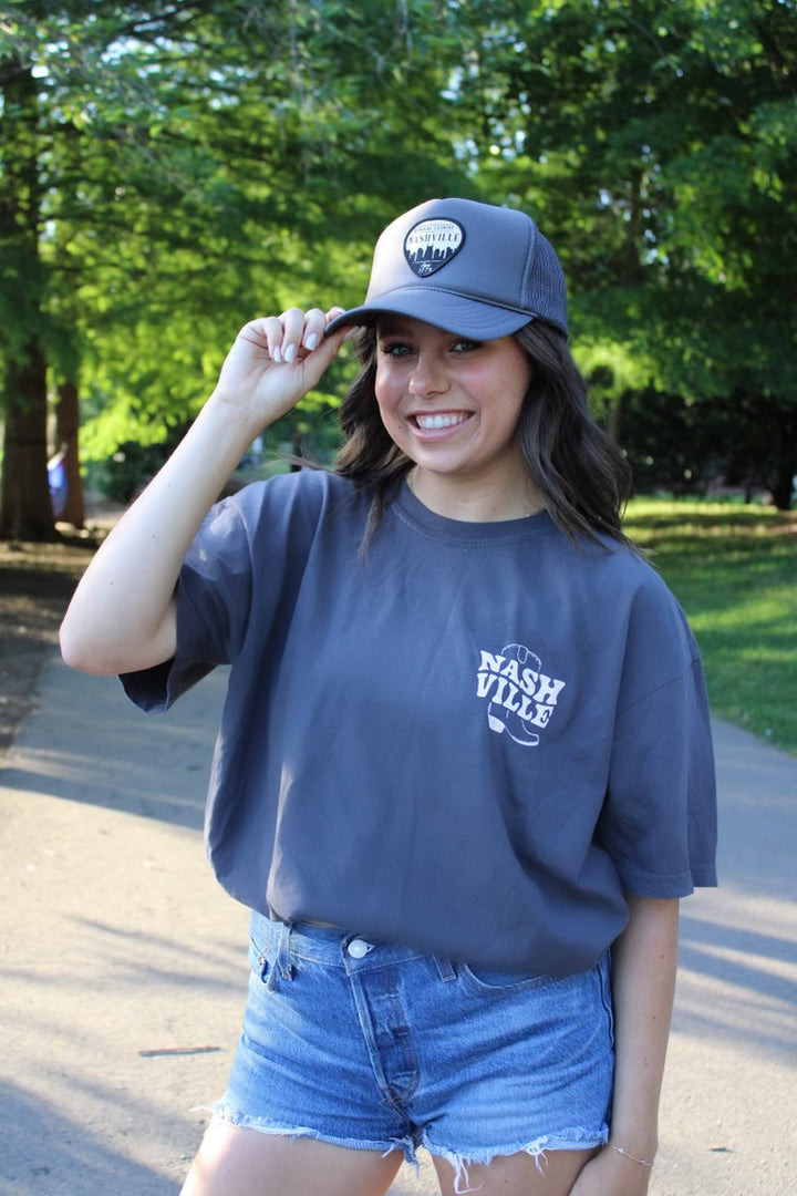 Boot Collage Charcoal Grey Comfort Color Tee - Nashville Collection