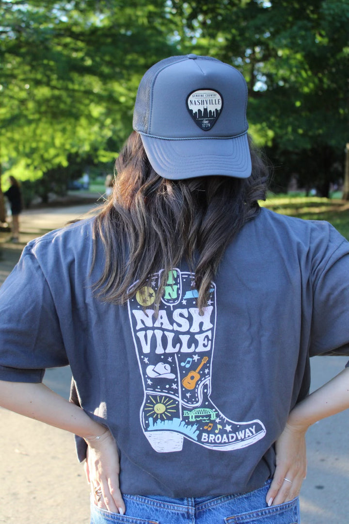 Boot Collage Charcoal Grey Comfort Color Tee - Nashville Collection